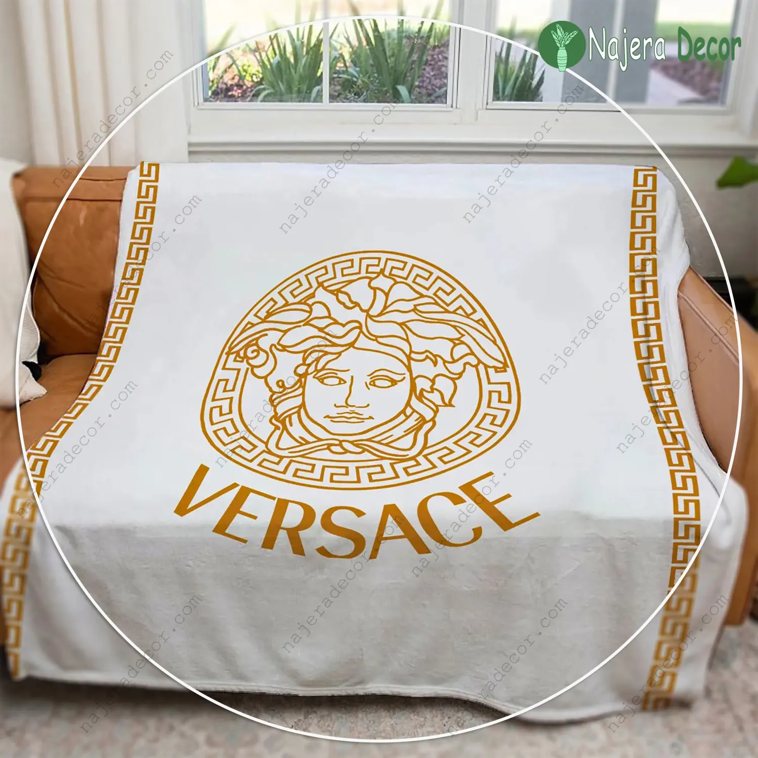 Versace white golden logo luxury brand premium blanket fleece home decor